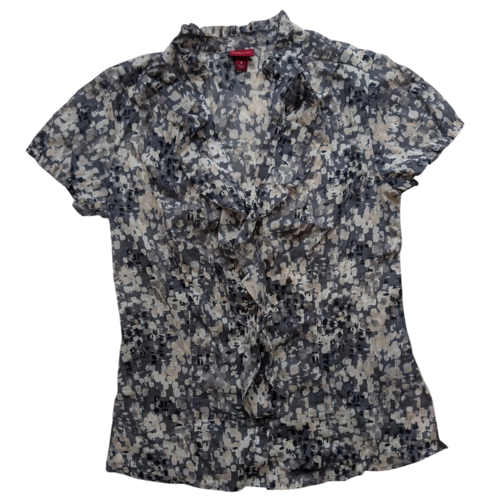 Merona Grey Beige Abstract Print Ruffle V-Neck Blouse 100% Cotton Small